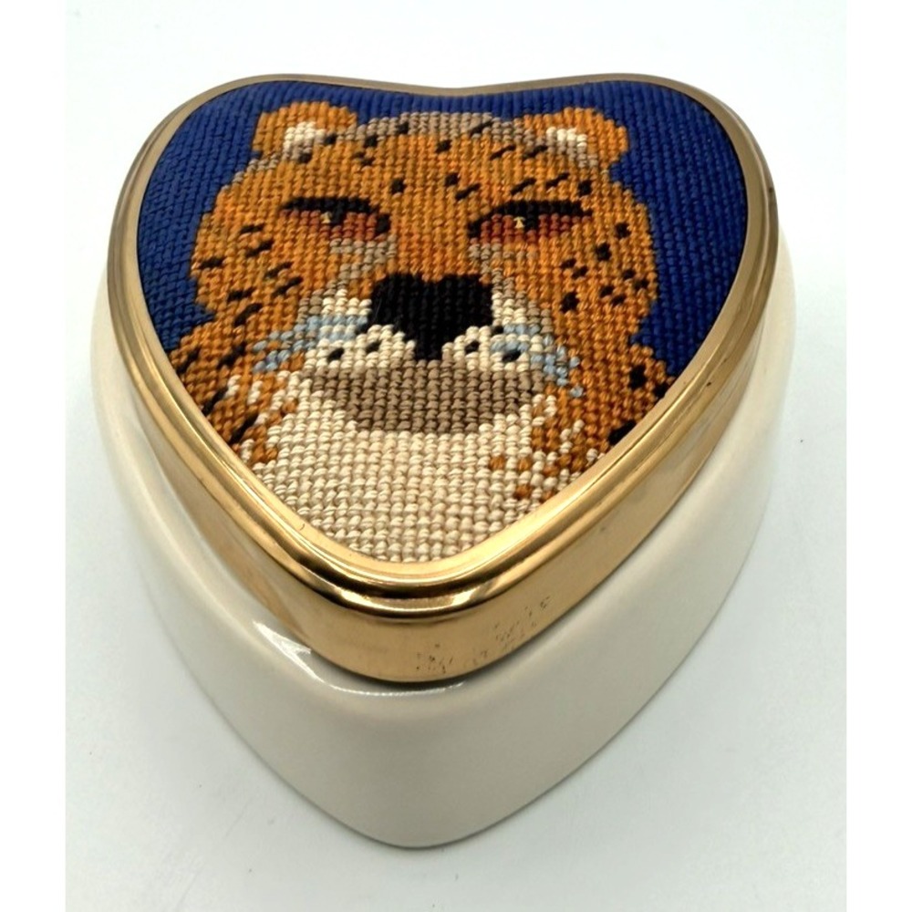 Vintage Heart Shaped leopard Needlepoint Jewelry Trinket Box